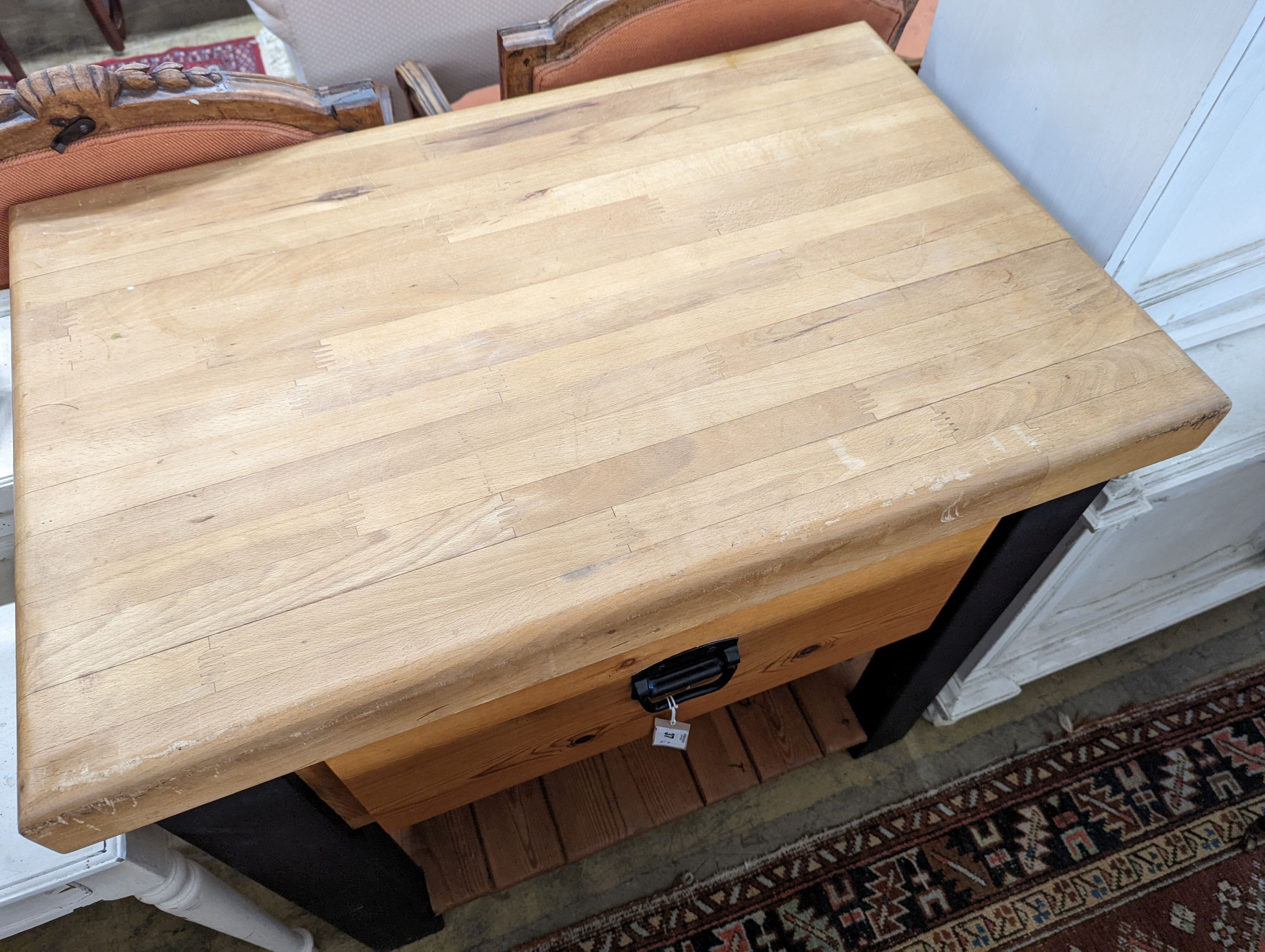 A painted pine and beech rectangular butcher's block kitchen island, length 90cm, depth 60cm, height 90cm